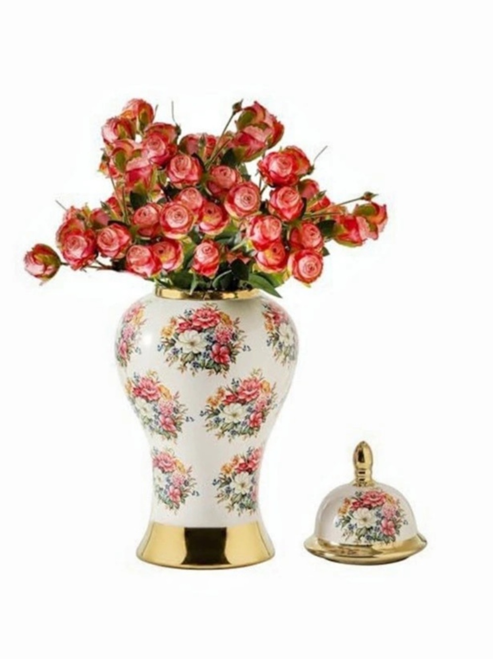 Floral Ceramic Ginger Jar in White & Gold
